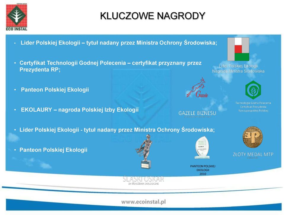 Polskiej Ekologii EKOLAURY nagroda Polskiej Izby Ekologii Lider Polskiej Ekologii - tytuł