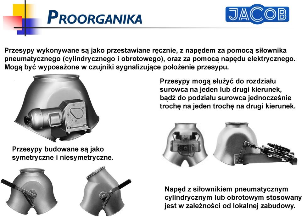 Przesypy mogą służyć do rozdziału surowca na jeden lub drugi kierunek, bądź do podziału surowca jednocześnie trochę na jeden trochę na