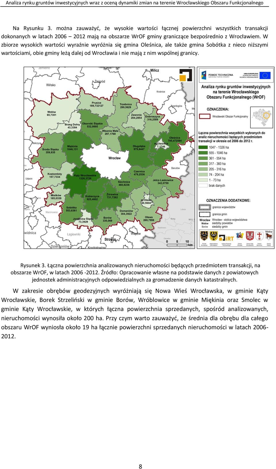 Łączna powierzchnia analizowanych nieruchomości będących przedmiotem transakcji, na obszarze WrOF, w latach 2006-2012.