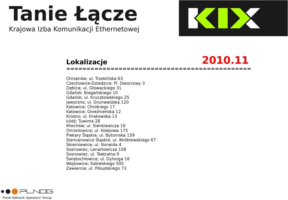 Krakowska 13 Łódź; Tuwima 28 Miechów; ul. Sienkiewicza 16 Ornontowice; ul. Kolejowa 175 Piekary Śląskie; ul. Bytomska 159 Siemianowice Śląskie; ul.