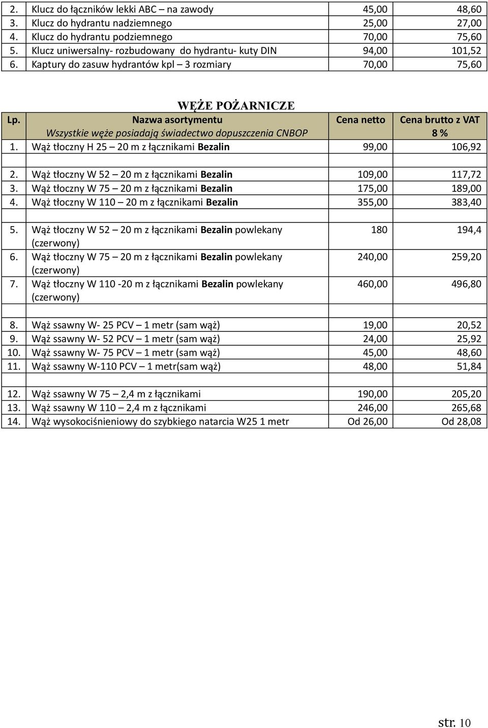 łącznikami Bezalin 99,00 106,92 2 Wąż tłoczny W 52 20 m z łącznikami Bezalin 109,00 117,72 3 Wąż tłoczny W 75 20 m z łącznikami Bezalin 175,00 189,00 4 Wąż tłoczny W 110 20 m z łącznikami Bezalin