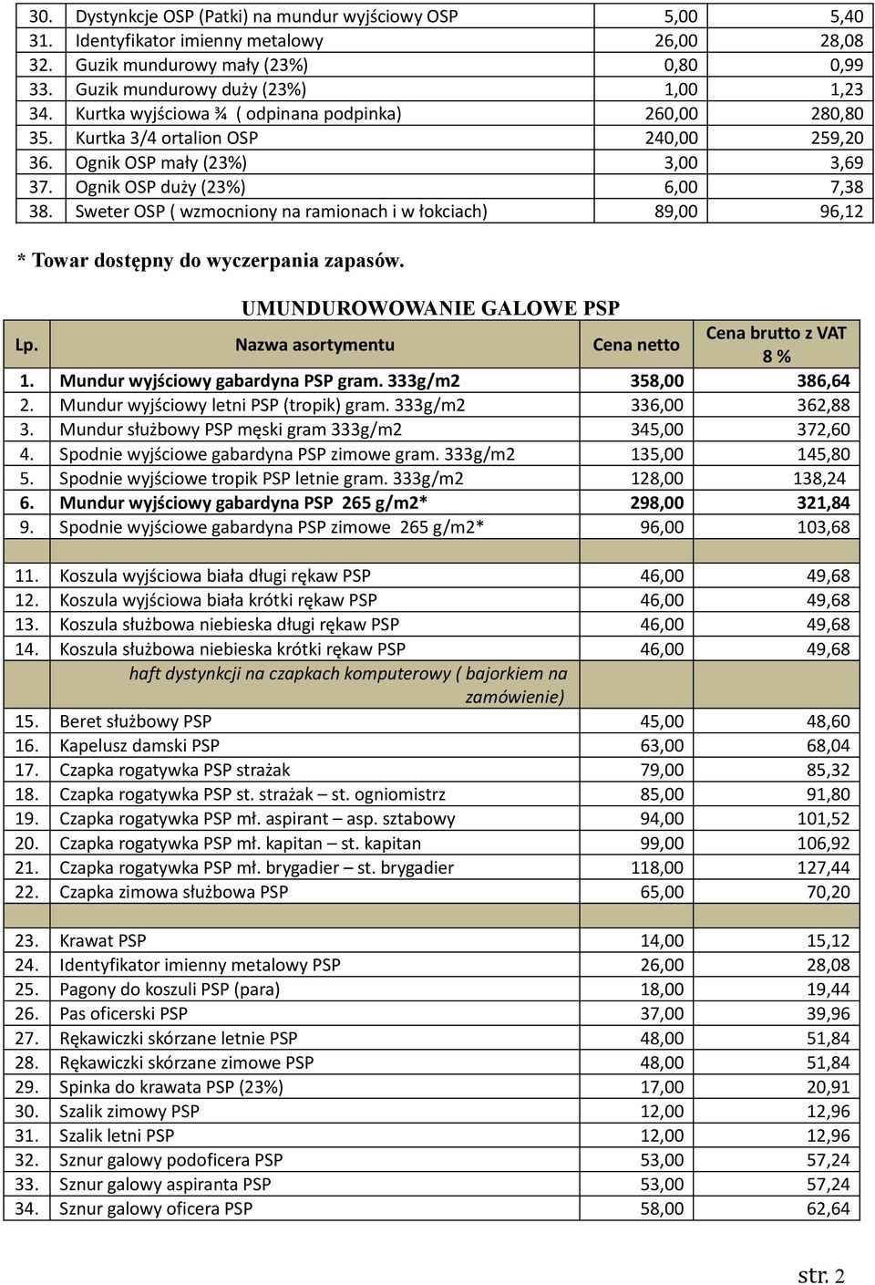 łokciach) 89,00 96,12 * Towar dostępny do wyczerpania zapasów UMUNDUROWOWANIE GALOWE PSP Lp Nazwa asortymentu Cena netto 1 Mundur wyjściowy gabardyna PSP gram 333g/m2 358,00 386,64 2 Mundur wyjściowy