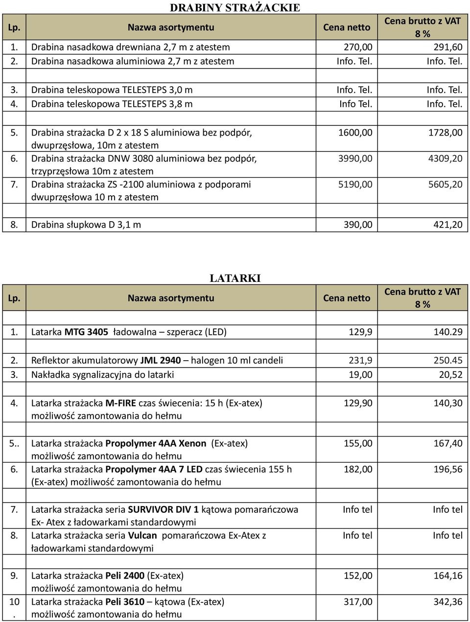 3080 aluminiowa bez podpór, trzyprzęsłowa 10m z atestem 7 Drabina strażacka ZS -2100 aluminiowa z podporami dwuprzęsłowa 10 m z atestem 1600,00 1728,00 3990,00 4309,20 5190,00 5605,20 8 Drabina