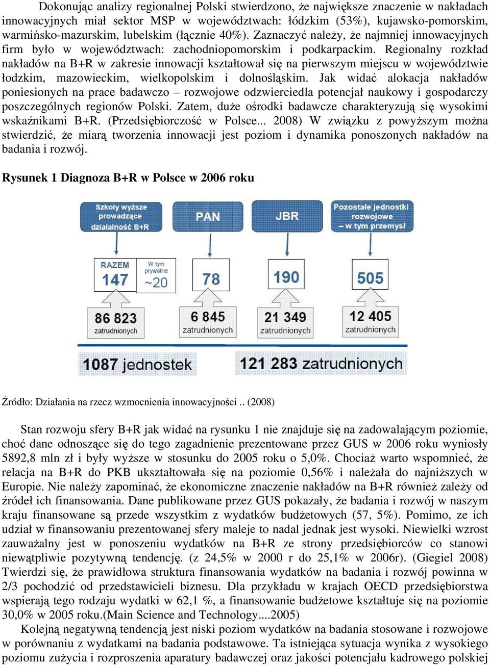 Regionalny rozkład nakładów na B+R w zakresie innowacji kształtował się na pierwszym miejscu w województwie łodzkim, mazowieckim, wielkopolskim i dolnośląskim.