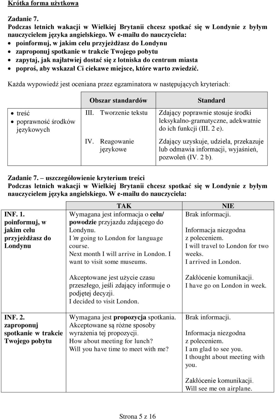 wskazał Ci ciekawe miejsce, które warto zwiedzić. Każda wypowiedź jest oceniana przez egzaminatora w następujących kryteriach: treść poprawność środków językowych Obszar standardów III.