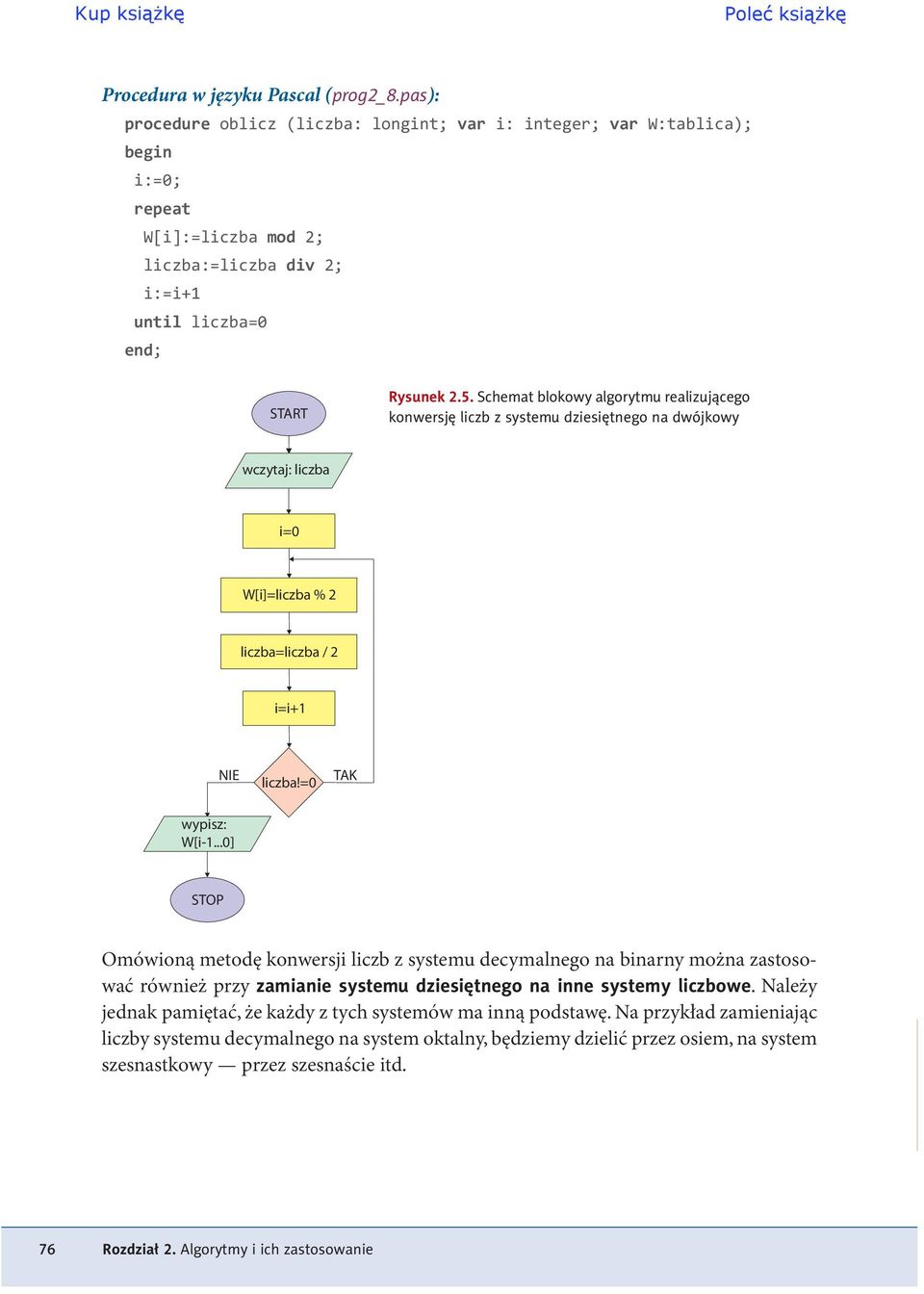 =0 TAK wypisz: W[i-10] STOP Omówioną metodę konwersji liczb z systemu decymalnego na binarny można zastosować również przy zamianie systemu dziesiętnego na inne systemy liczbowe Należy jednak