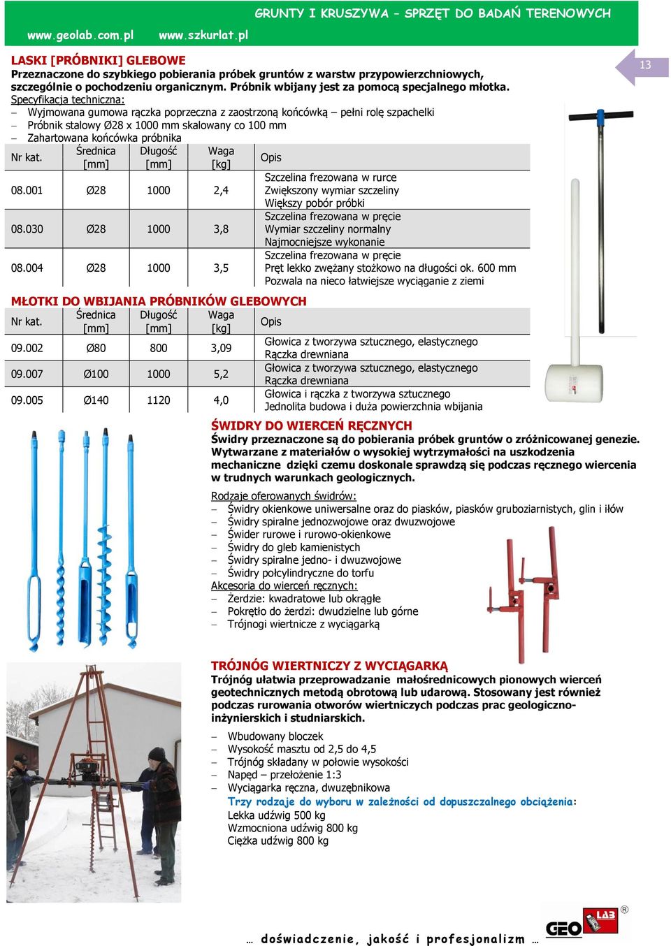 Wyjmowana gumowa rączka poprzeczna z zaostrzoną końcówką pełni rolę szpachelki Próbnik stalowy Ø28 x 1000 mm skalowany co 100 mm Zahartowana końcówka próbnika Nr kat.