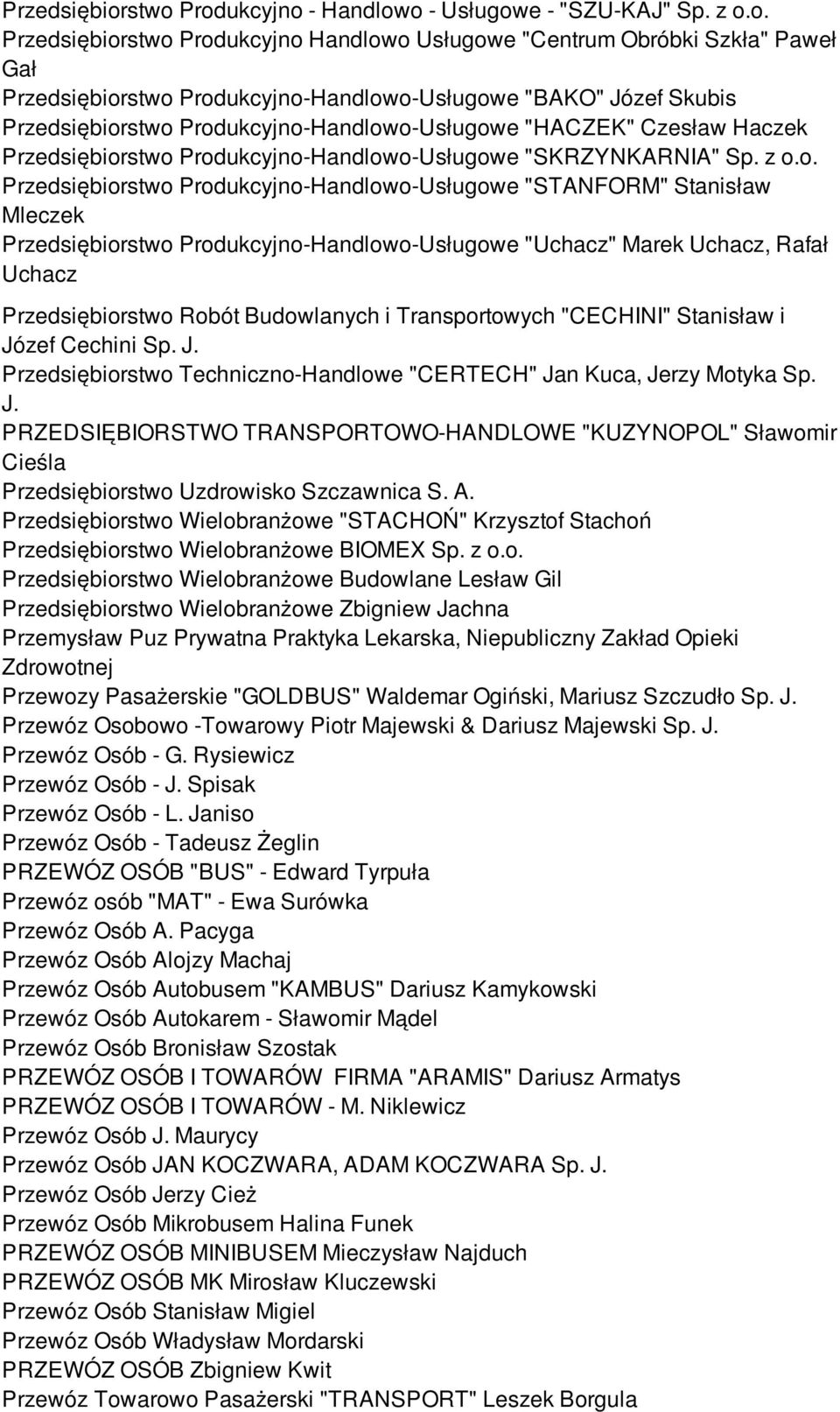 Produkcyjno-Handlowo-Usługowe "HACZEK" Czesław Haczek stwo Produkcyjno-Handlowo-Usługowe "SKRZYNKARNIA" Sp. z o.o. stwo Produkcyjno-Handlowo-Usługowe "STANFORM" Stanisław Mleczek stwo