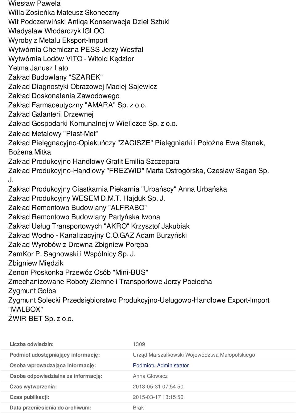 z o.o. Zakład Metalowy "Plast-Met" Zakład Pielęgnacyjno-Opiekuńczy "ZACISZE" Pielęgniarki i Położne Ewa Stanek, Bożena Mitka Zakład Produkcyjno Handlowy Grafit Emilia Szczepara Zakład