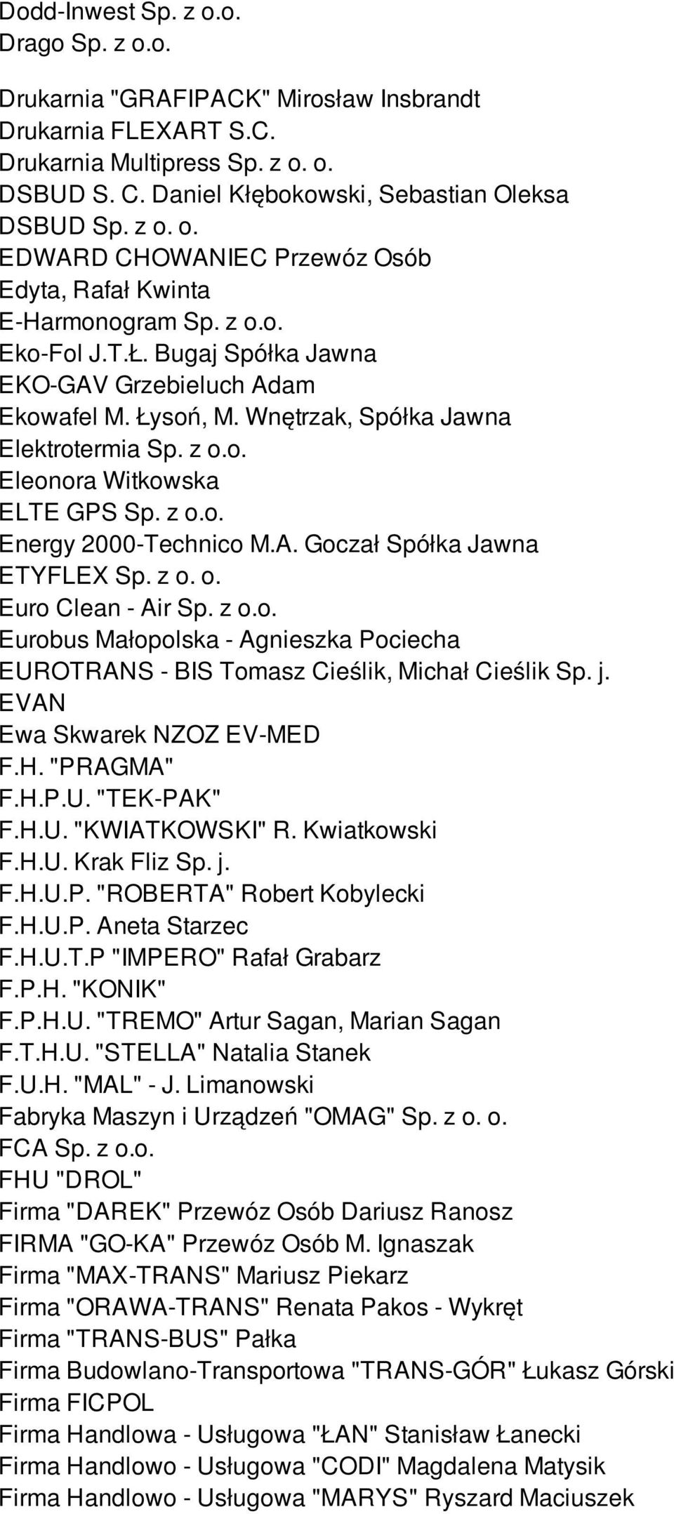 z o. o. Euro Clean - Air Sp. z o.o. Eurobus Małopolska - Agnieszka Pociecha EUROTRANS - BIS Tomasz Cieślik, Michał Cieślik Sp. j. EVAN Ewa Skwarek NZOZ EV-MED F.H. "PRAGMA" F.H.P.U. "TEK-PAK" F.H.U. "KWIATKOWSKI" R.