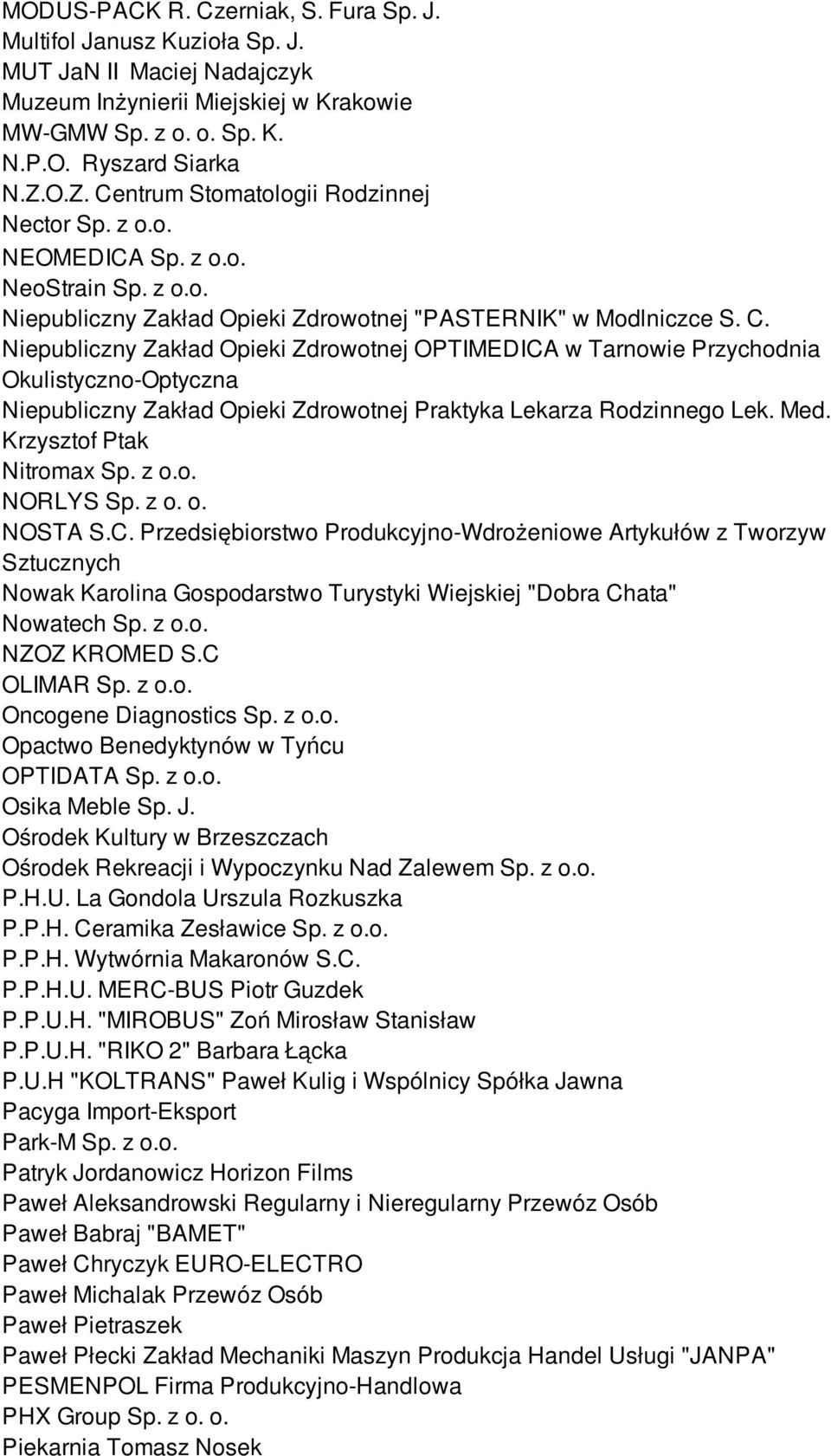 Med. Krzysztof Ptak Nitromax Sp. z o.o. NORLYS Sp. z o. o. NOSTA S.C.
