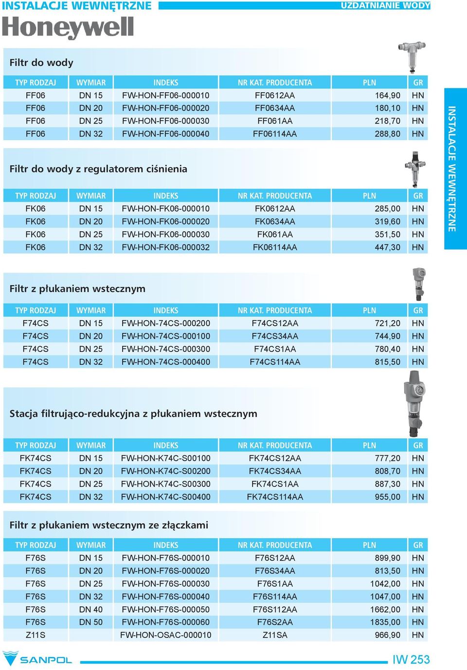 DN 32 FW-HON-FK06-000032 FK06114AA 447,30 HN INSTALACJE WEWNĘTRZNE Filtr z płukaniem wstecznym F74CS DN 15 FW-HON-74CS-000200 F74CS12AA 721,20 HN F74CS DN 20 FW-HON-74CS-000100 F74CS34AA 744,90 HN