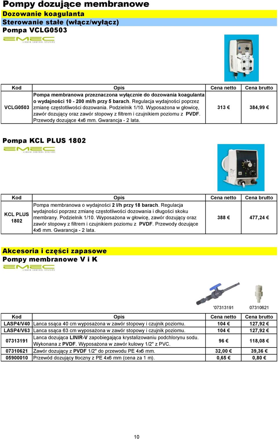 Przewody dozujące 4x6 mm. 313 384,99 Pompa KCL PLUS 1802 KCL PLUS 1802 Pompa membranowa o wydajności 2 l/h przy 18 barach.