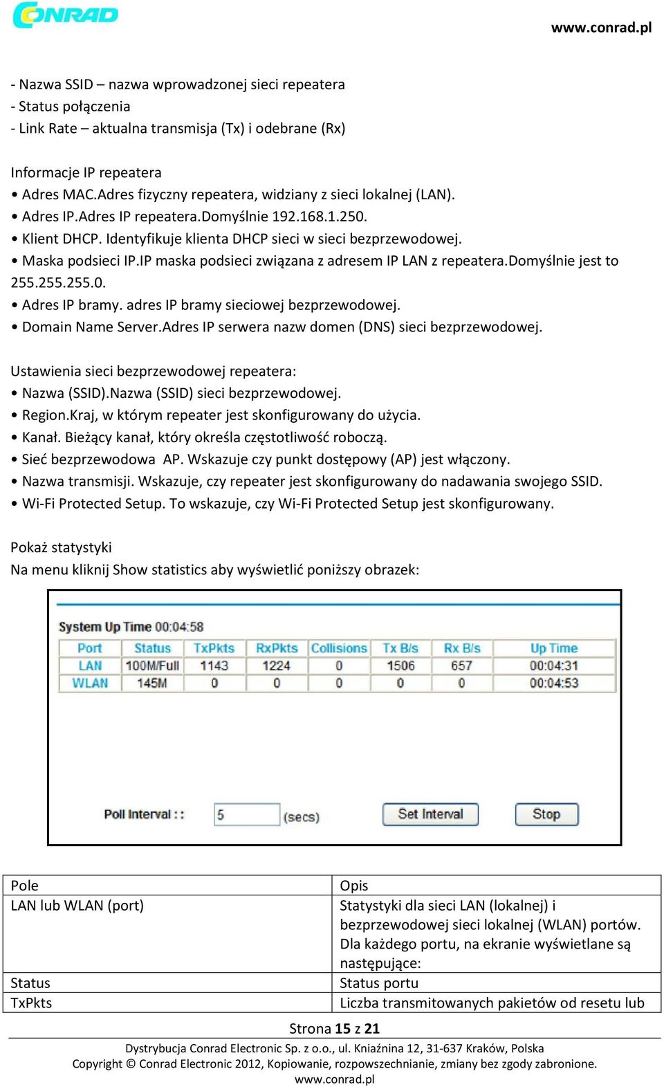IP maska podsieci związana z adresem IP LAN z repeatera.domyślnie jest to 255.255.255.0. Adres IP bramy. adres IP bramy sieciowej bezprzewodowej. Domain Name Server.