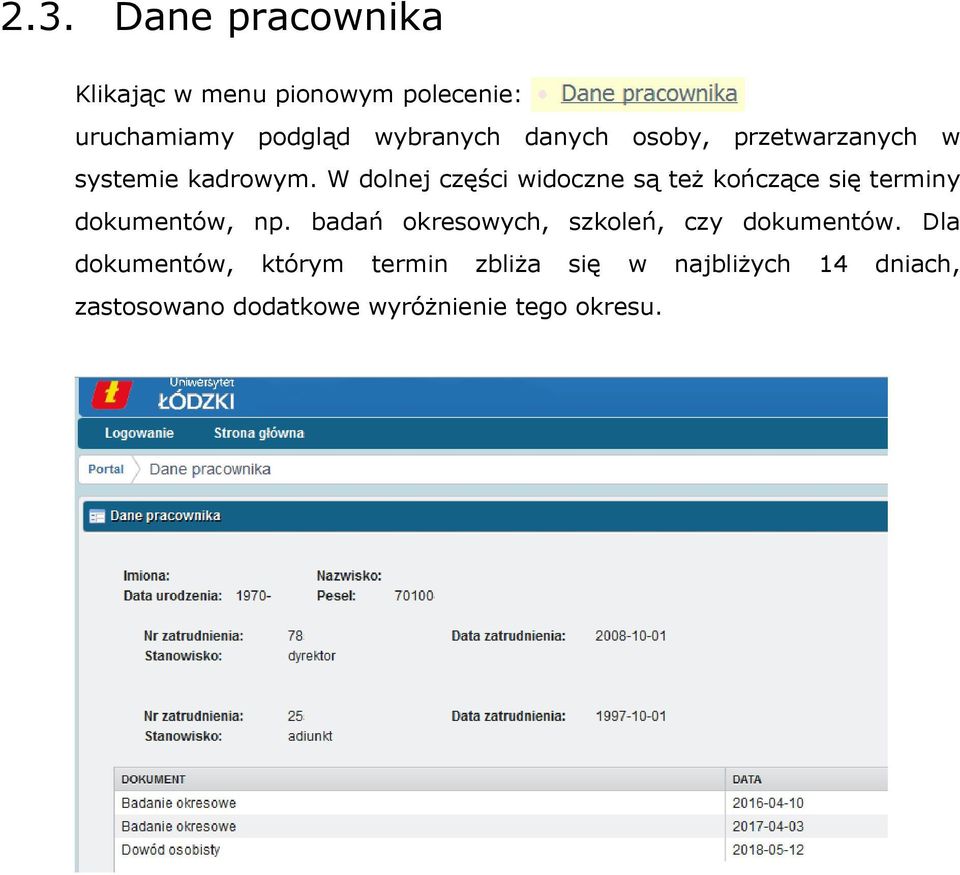 W dolnej części widoczne są też kończące się terminy dokumentów, np.