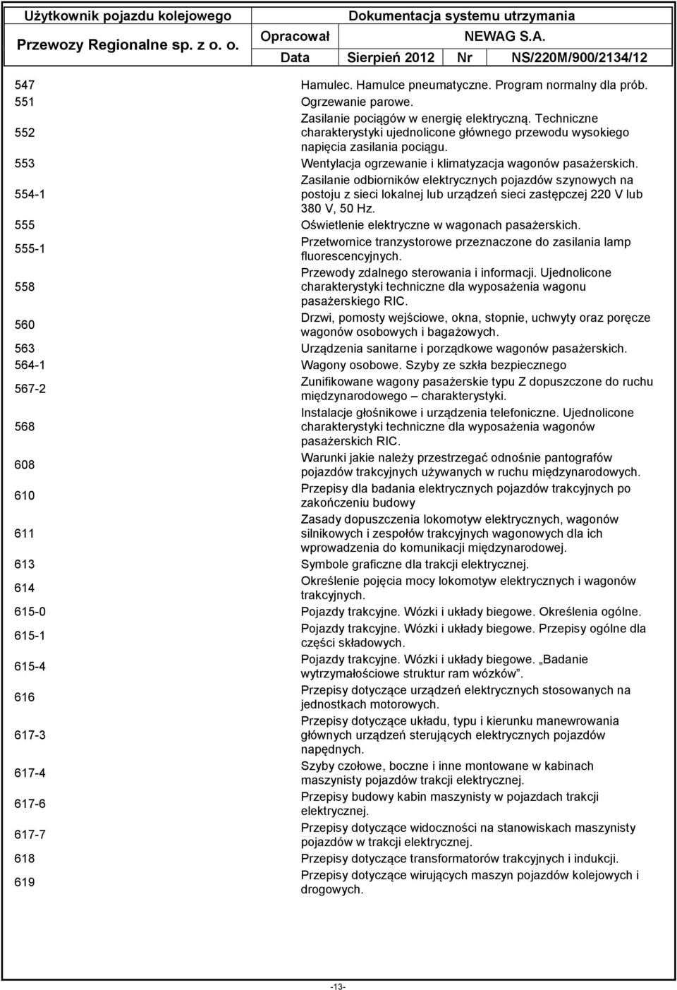 Zasilanie odbiorników elektrycznych pojazdów szynowych na 554-1 postoju z sieci lokalnej lub urządzeń sieci zastępczej 220 V lub 380 V, 50 Hz. 555 Oświetlenie elektryczne w wagonach pasażerskich.