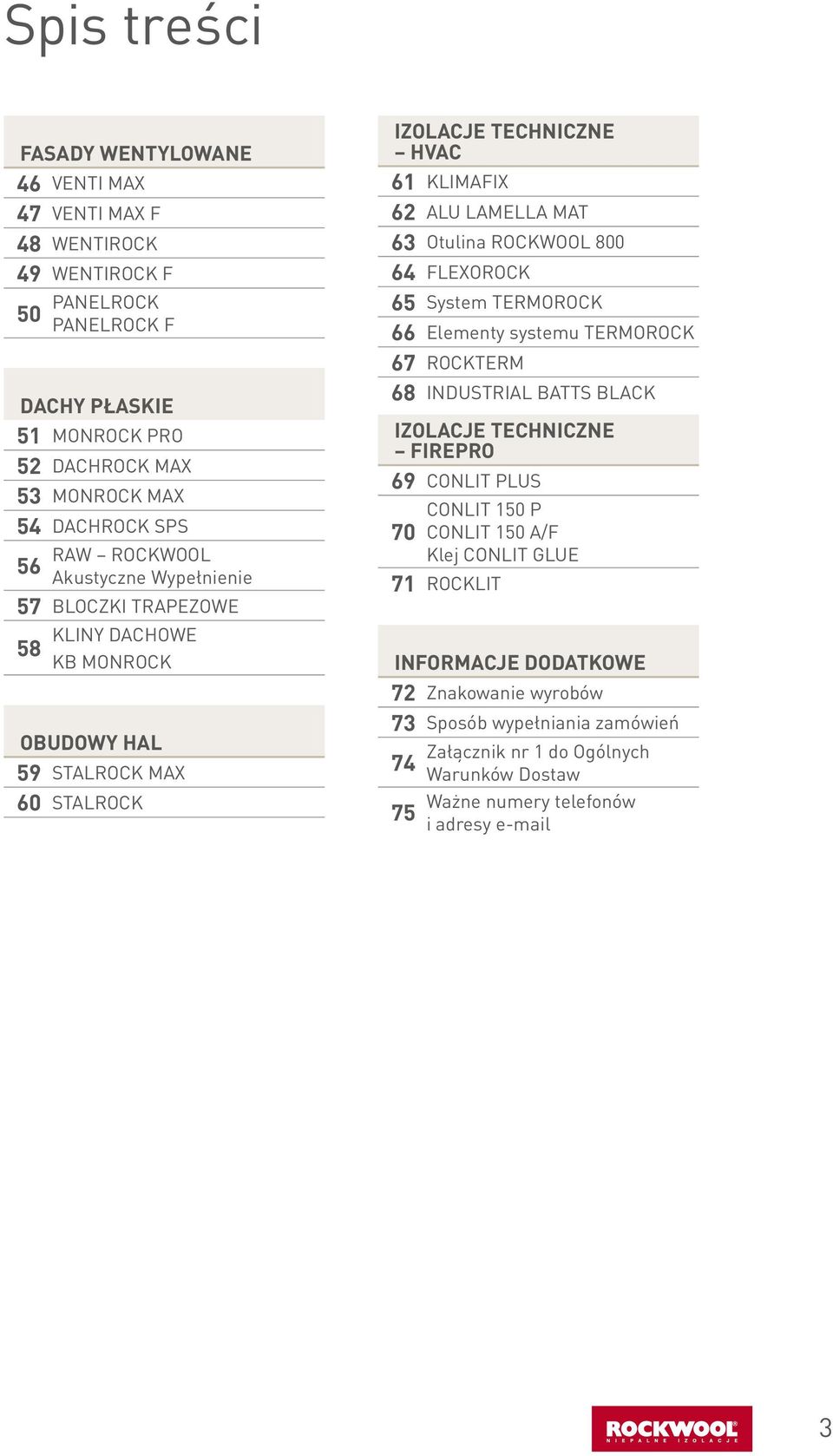 Otulina ROCKWOOL 800 64 FLEXOROCK 65 System TERMOROCK 66 Elementy systemu TERMOROCK 67 ROCKTERM 68 INDUSTRIAL BATTS BLACK IZOLACJE TECHNICZNE FIREPRO 69 CONLIT PLUS CONLIT 150 P 70 CONLIT