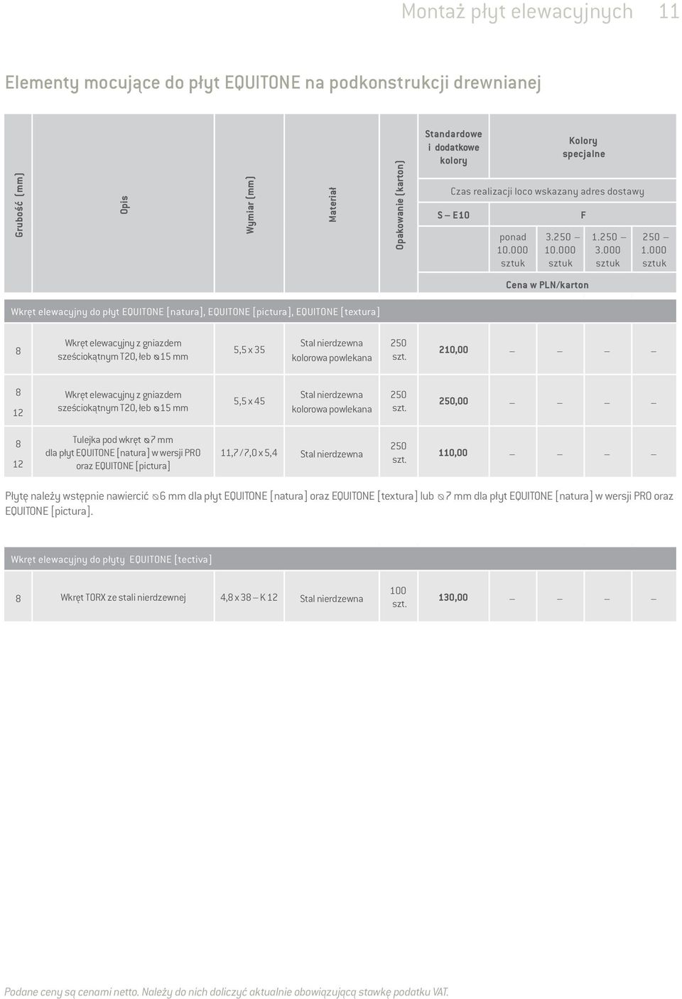 000 Cena w PLN/karton Wkręt elewacyjny do płyt EQUITONE [natura], EQUITONE [pictura], EQUITONE [textura] 8 Wkręt elewacyjny z gniazdem sześciokątnym T20, łeb 15 mm 5,5 x 35 Stal nierdzewna kolorowa