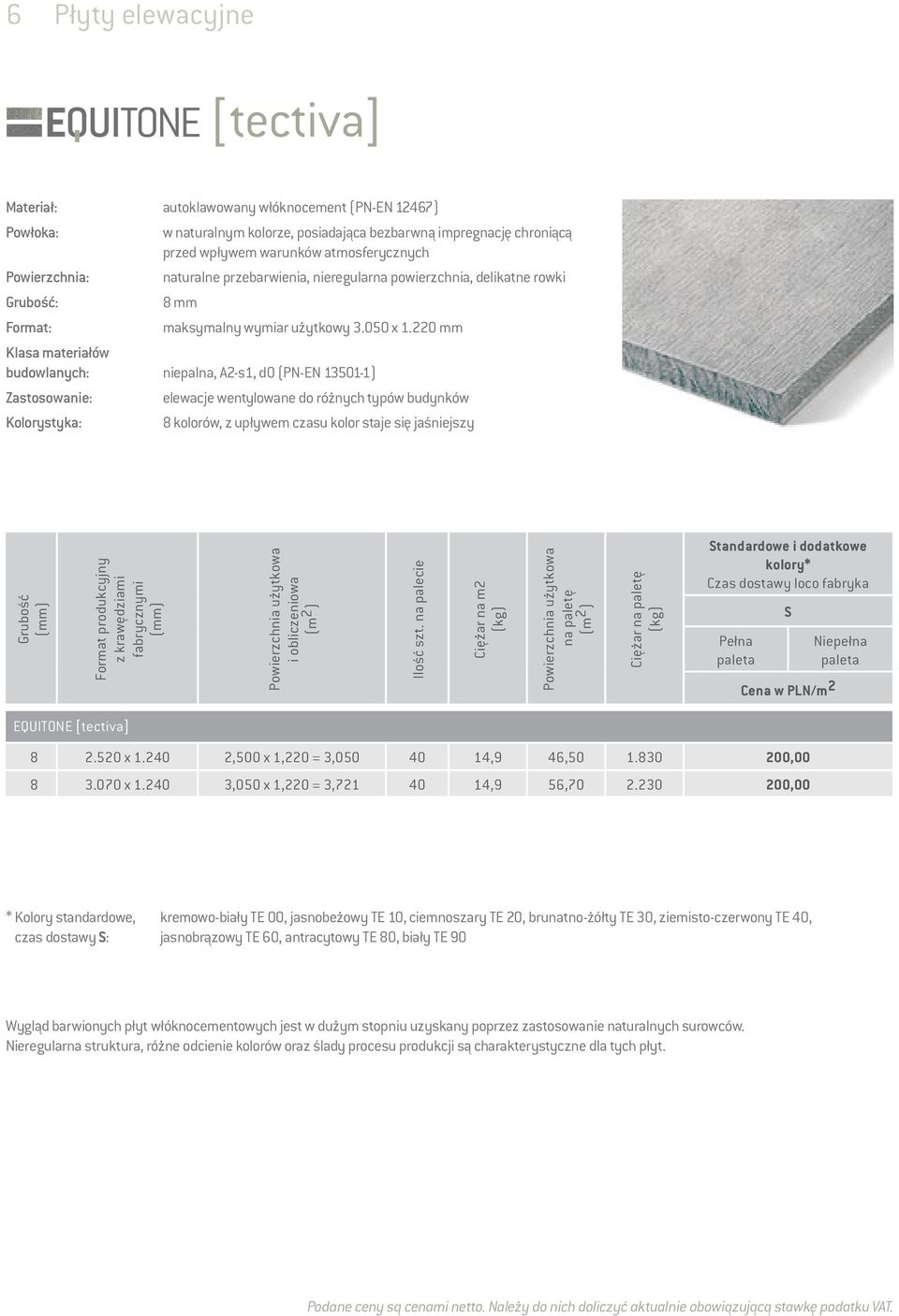 220 mm Klasa materiałów budowlanych: niepalna, A2-s1, d0 (PN-EN 13501-1) Zastosowanie: Kolorystyka: elewacje wentylowane do różnych typów budynków 8 kolorów, z upływem czasu kolor staje się