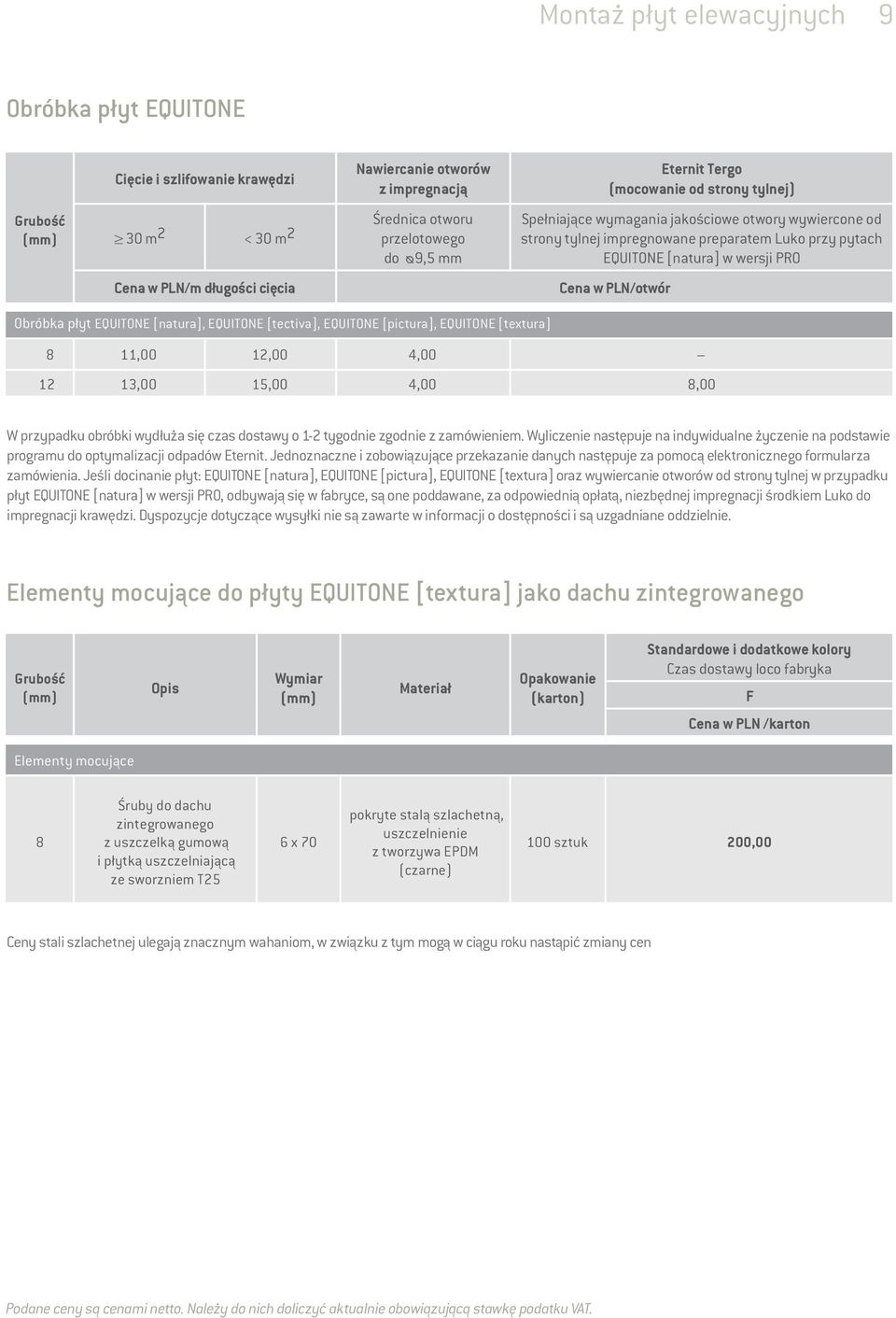 PLN/otwór Obróbka płyt EQUITONE [natura], EQUITONE [tectiva], EQUITONE [pictura], EQUITONE [textura] 8 11,00 12,00 4,00 12 13,00 15,00 4,00 8,00 W przypadku obróbki wydłuża się czas dostawy o 1-2