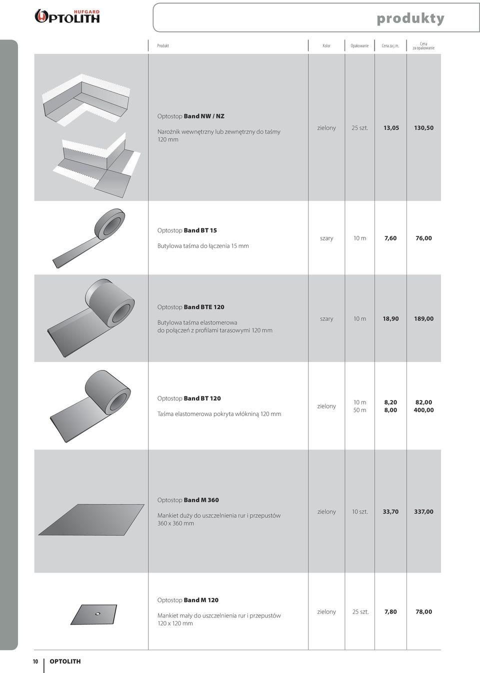 tarasowymi 120 mm szary 10 m 18,90 189,00 Optostop Band BT 120 Taśma elastomerowa pokryta włókniną 120 mm zielony 10 m 50 m 8,20 8,00 82,00 400,00 Optostop Band M