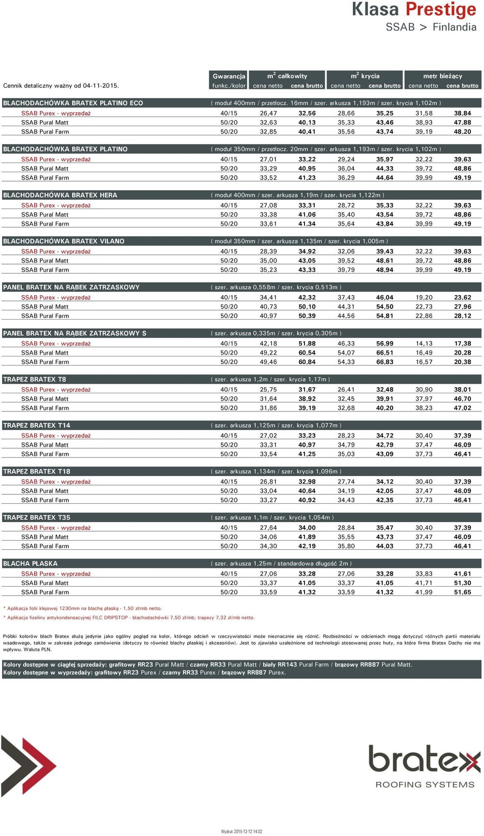 krycia 1,102m ) SSAB Purex - wyprzedaż 40/15 26,47 32,56 28,66 35,25 31,58 38,84 SSAB Pural Matt 50/20 32,63 40,13 35,33 43,46 38,93 47,88 SSAB Pural Farm 50/20 32,85 40,41 35,56 43,74 39,19 48,20