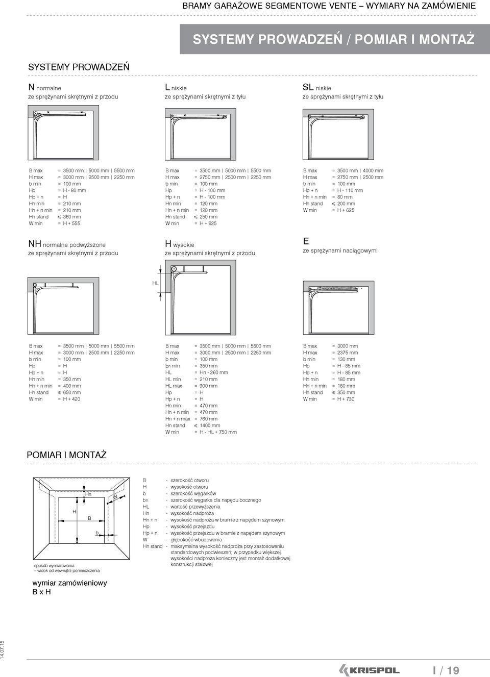 min = H + 555 NH normalne podwyższone ze sprężynami skrętnymi z przodu B max = 3500 mm 5000 mm 5500 mm H max = 2750 mm 2500 mm 2250 mm b min = 100 mm Hp = H - 100 mm Hp + n = H - 100 mm Hn min = 120