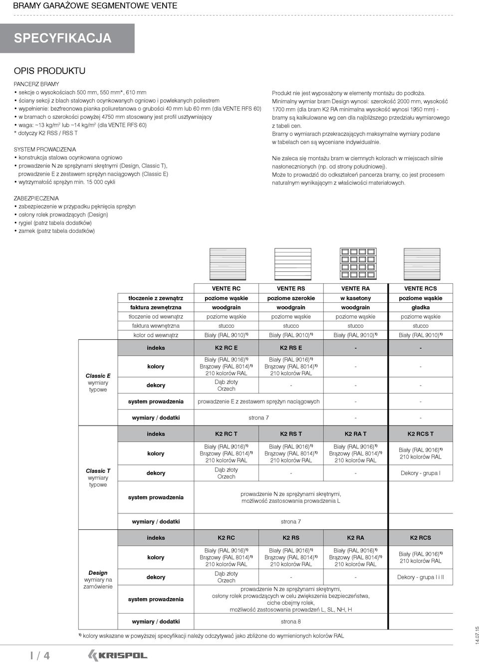 (dla VENTE RFS 60) * dotyczy K2 RSS / RSS T SYSTEM PROWADZENIA konstrukcja stalowa ocynkowana ogniowo prowadzenie N ze sprężynami skrętnymi (Design, Classic T), prowadzenie E z zestawem sprężyn