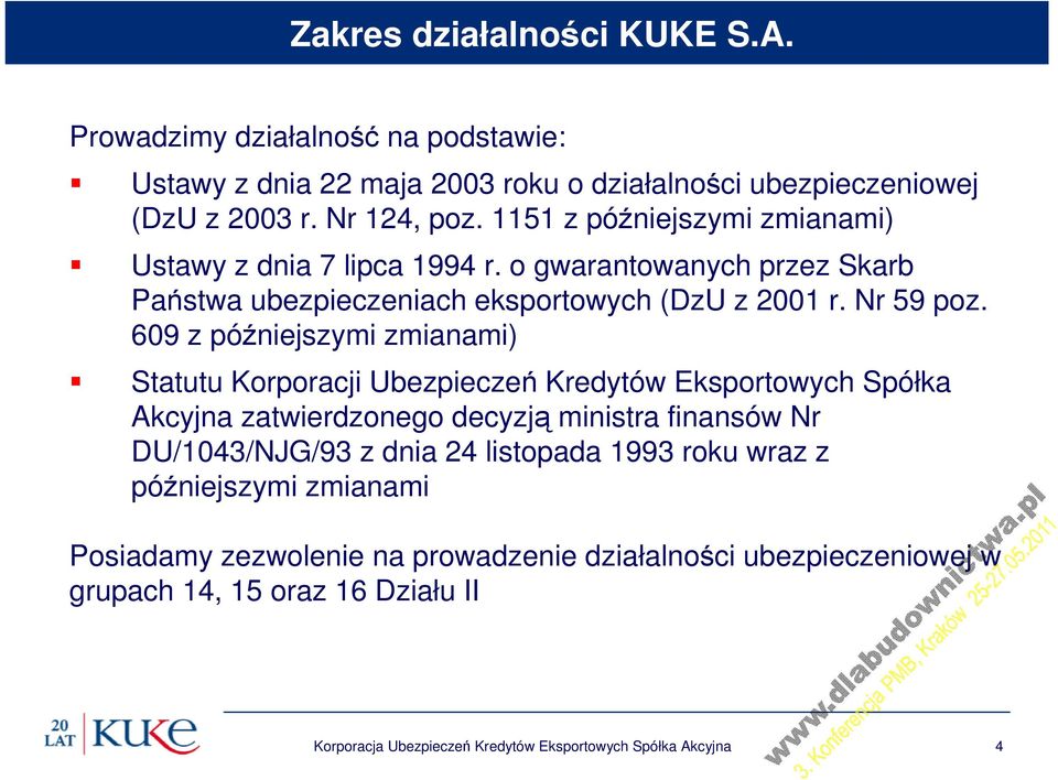 609 z późniejszymi zmianami) Statutu Korporacji Ubezpieczeń Kredytów Eksportowych Spółka Akcyjna zatwierdzonego decyzją ministra finansów Nr DU/1043/NJG/93 z dnia 24