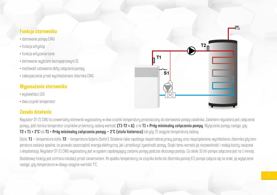do sterowania pompą zasobnika. Zadaniem regulatora jest załączenie pompy, jeśli różnica temperatur czujników przekroczy zadaną wartość (T1-T2 Δ), o ile T1 Próg minimalny załączenia pompy.