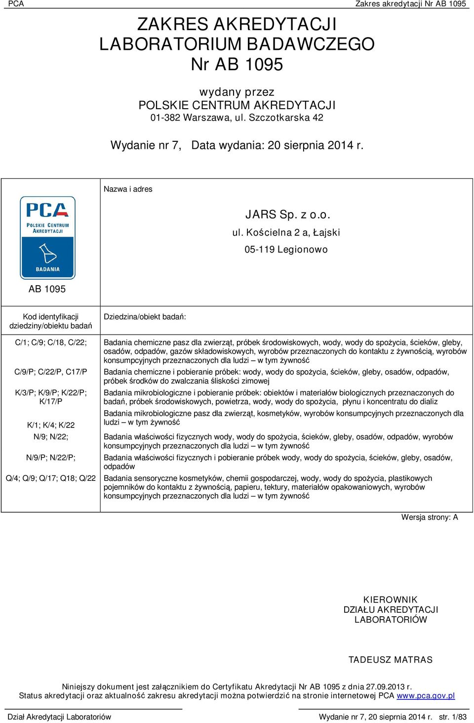 Kościelna 2 a, Łajski 05-119 Legionowo AB 1095 Kod identyfikacji dziedziny/obiektu badań Dziedzina/obiekt badań: C/1; C/9; C/18, C/22; C/9/P; C/22/P, C17/P K/3/P; K/9/P; K/22/P; K/17/P K/1; K/4; K/22