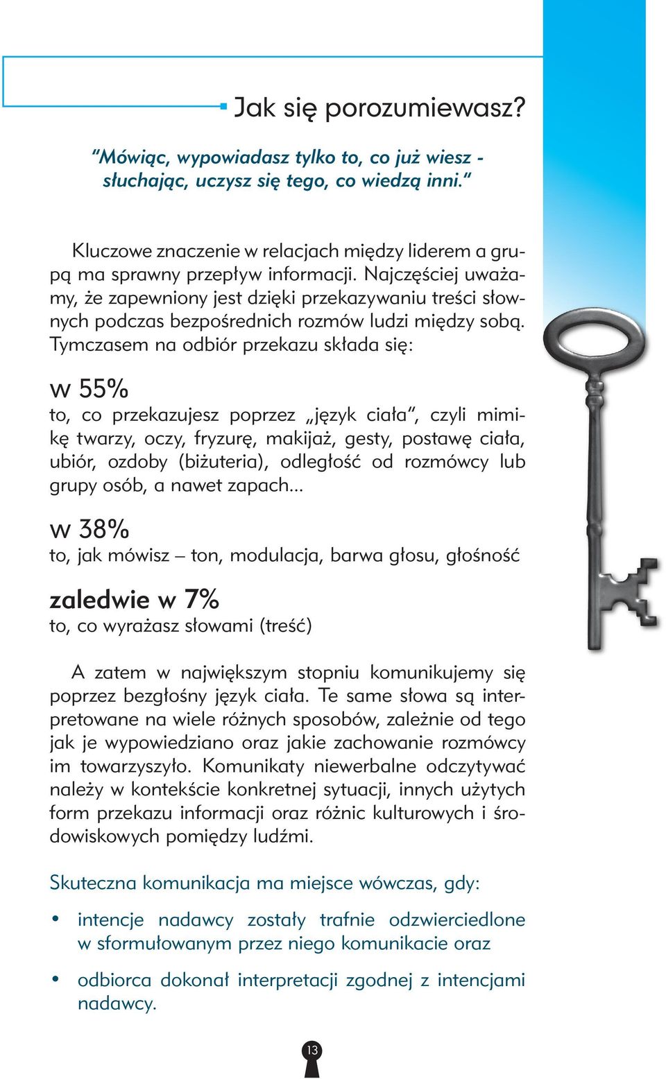 Tymczasem na odbiór przekazu składa się: w 55% to, co przekazujesz poprzez język ciała, czyli mimikę twarzy, oczy, fryzurę, makijaż, gesty, postawę ciała, ubiór, ozdoby (biżuteria), odległość od