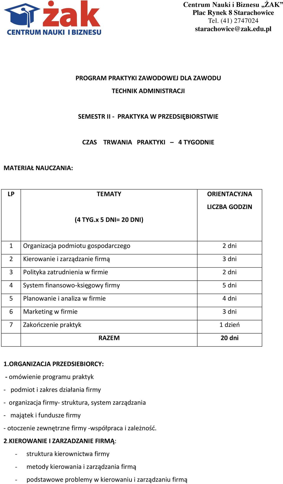 x 5 DNI= 20 DNI) ORIENTACYJNA LICZBA GODZIN 1 Organizacja podmiotu gospodarczego 2 dni 2 Kierowanie i zarządzanie firmą 3 dni 3 Polityka zatrudnienia w firmie 2 dni 4 System finansowo-księgowy firmy