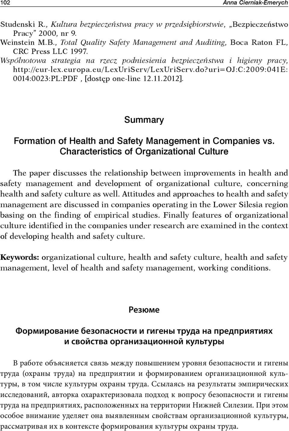Summary Formation of Health and Safety Management in Companies vs.