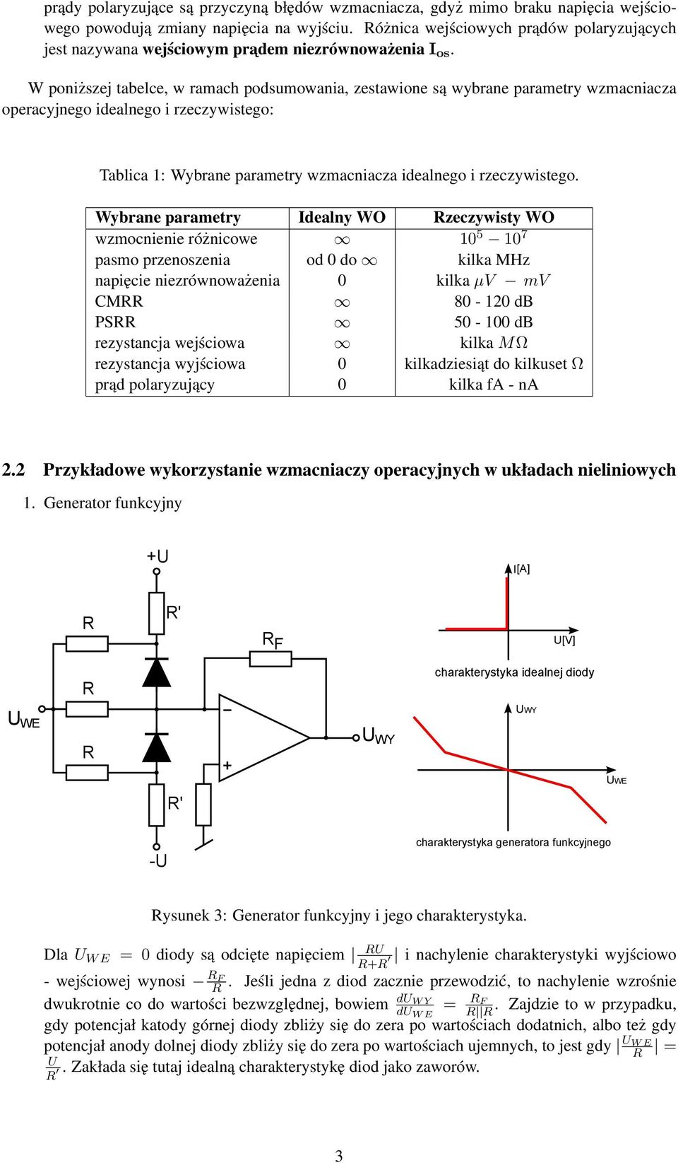 W poniższej tabelce, w ramach podsumowania, zestawione są wybrane parametry wzmacniacza operacyjnego idealnego i rzeczywistego: Tablica 1: Wybrane parametry wzmacniacza idealnego i rzeczywistego.