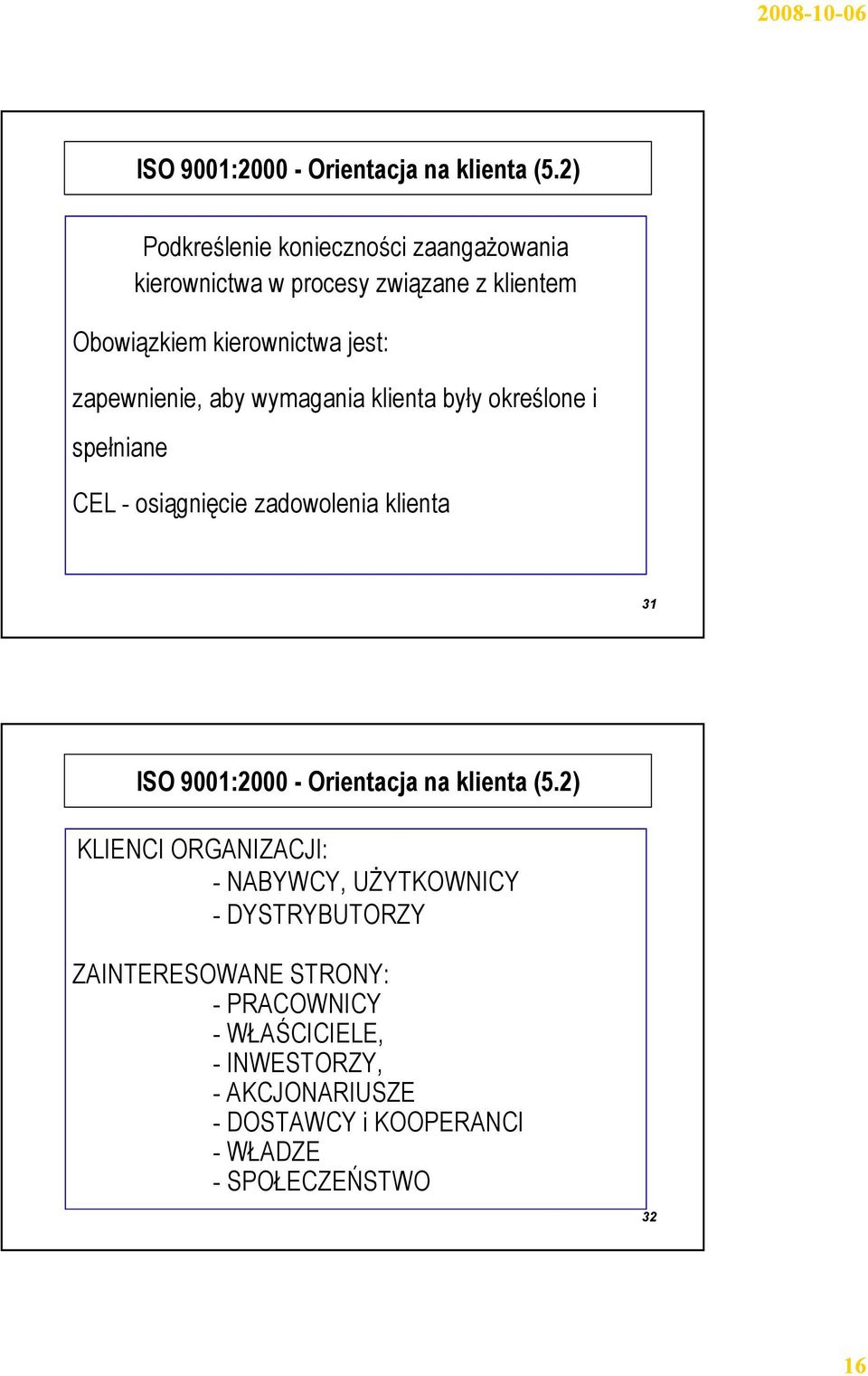 zapewnienie, aby wymagania klienta były określone i spełniane CEL - osiągnięcie zadowolenia klienta 31 2) KLIENCI