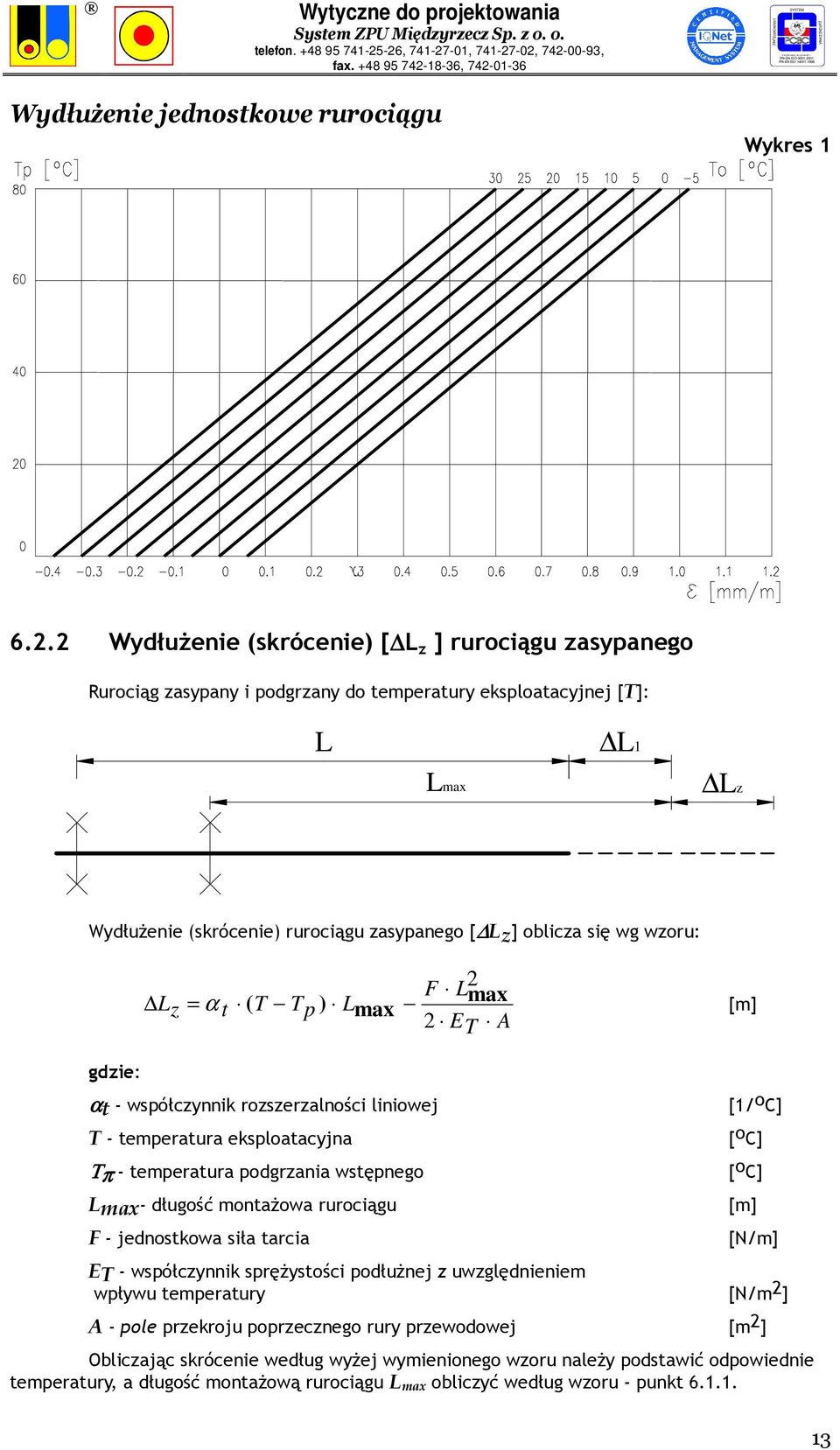 wzoru: L z = α t ( T T p ) Lmax F L 2 max 2 E T A gdzie: αt - współczynnik rozszerzalności liniowej [1/ o C] T - temperatura eksploatacyjna [ o C] Τπ - temperatura podgrzania wstępnego [ o C] Lmax-