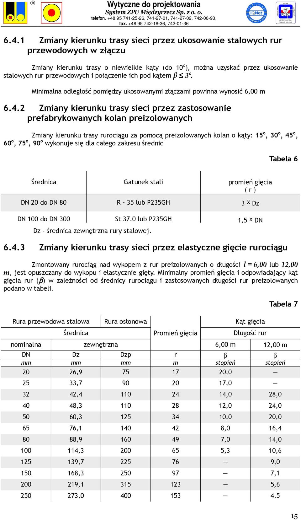 2 Zmiany kierunku trasy sieci przez zastosowanie prefabrykowanych kolan preizolowanych Zmiany kierunku trasy rurociągu za pomocą preizolowanych kolan o kąty: 15 o, 30 o, 45 o, 60 o, 75 o, 90 o