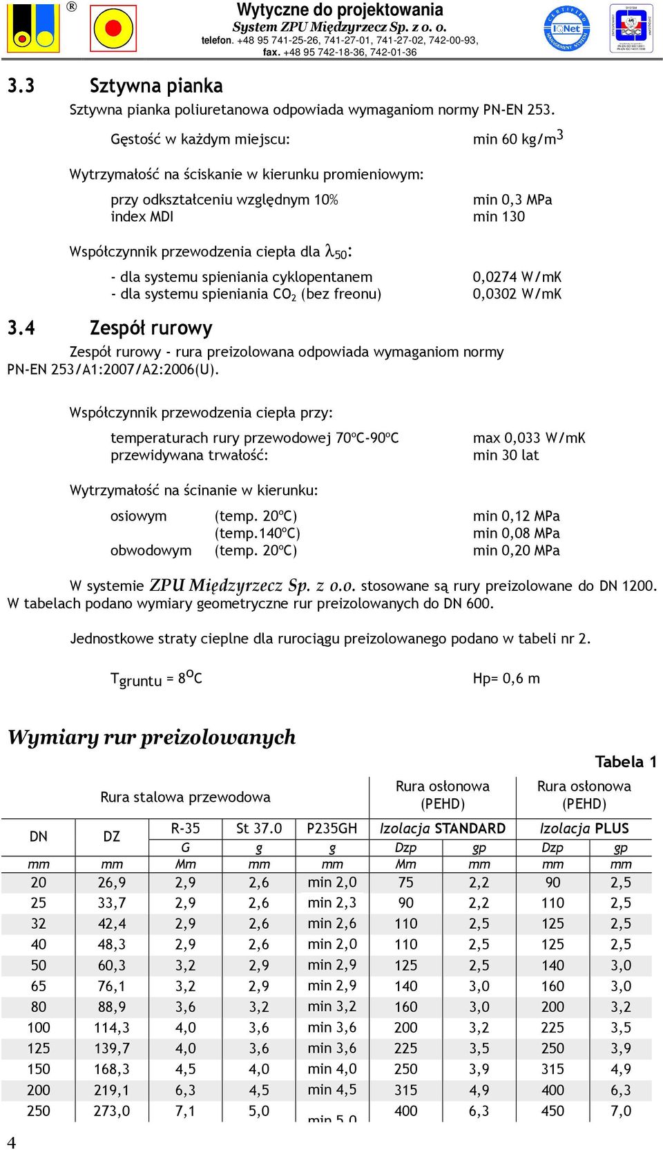 dla systemu spieniania cyklopentanem 0,0274 W/mK - dla systemu spieniania CO 2 (bez freonu) 0,0302 W/mK 3.