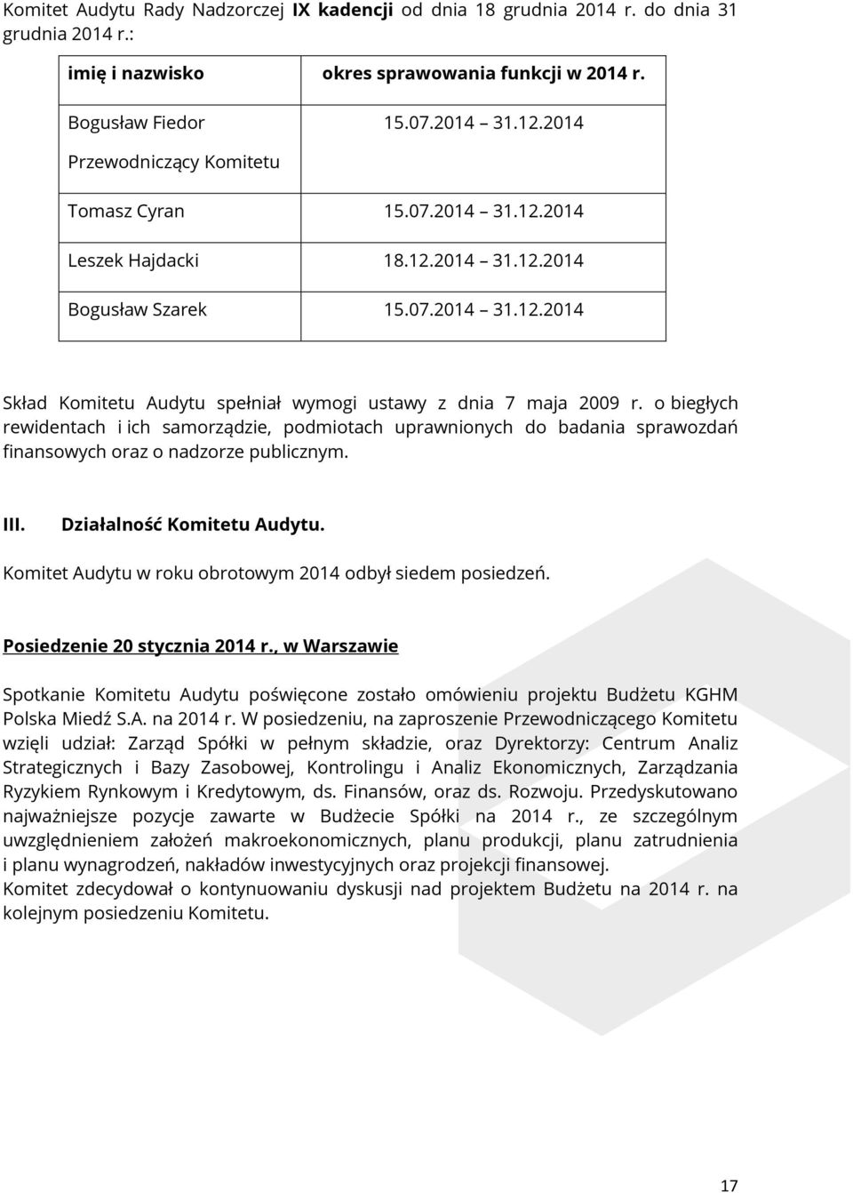 o biegłych rewidentach i ich samorządzie, podmiotach uprawnionych do badania sprawozdań finansowych oraz o nadzorze publicznym. III. Działalność Komitetu Audytu.