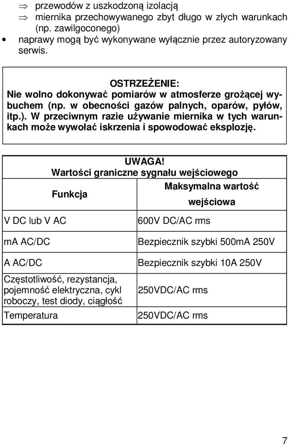 W przeciwnym razie używanie miernika w tych warunkach może wywołać iskrzenia i spowodować eksplozję. UWAGA!