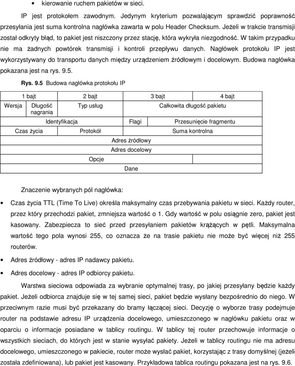 Nagłówek protokołu IP jest wykorzystywany do transportu danych między urządzeniem źródłowym i docelowym. Budowa nagłówka pokazana jest na rys. 9.