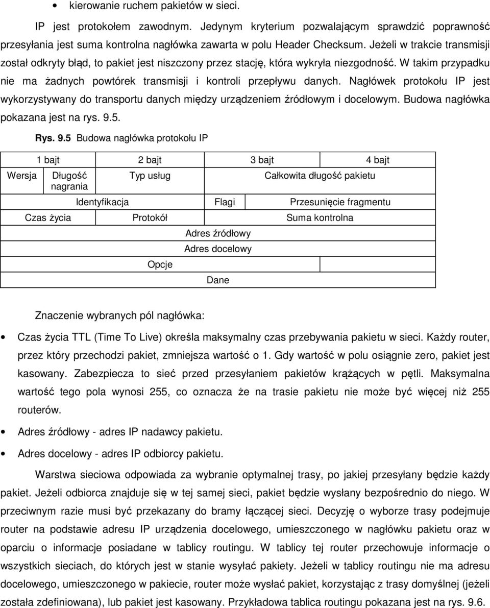 Nagłówek protokołu IP jest wykorzystywany do transportu danych między urządzeniem źródłowym i docelowym. Budowa nagłówka pokazana jest na rys. 9.