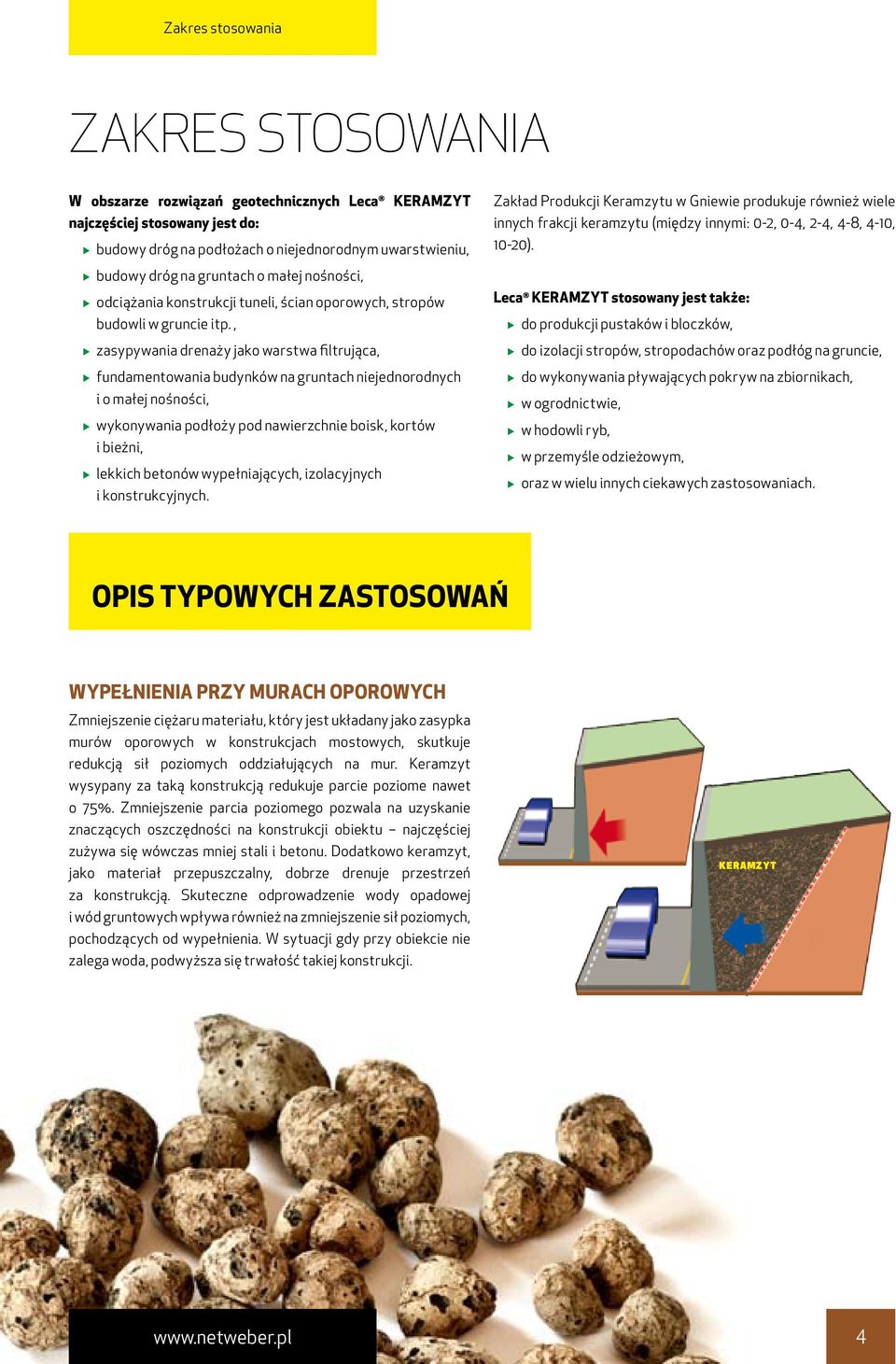 , zasypywania drenaży jako warstwa filtrująca, fundamentowania budynków na gruntach niejednorodnych i o małej nośności, wykonywania podłoży pod nawierzchnie boisk, kortów i bieżni, lekkich betonów