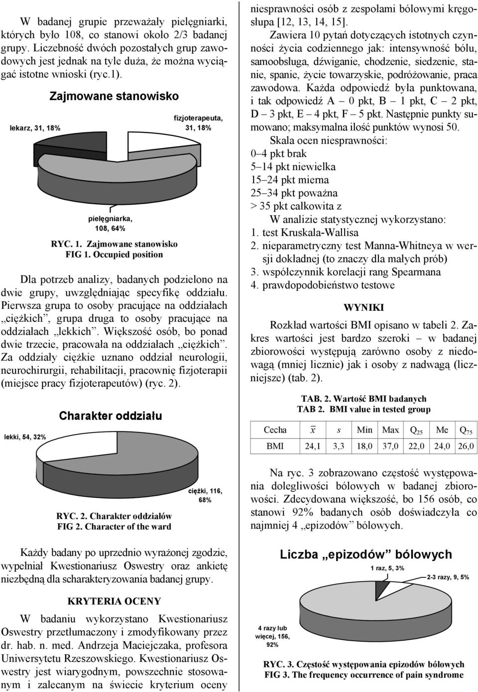 Occupied position fizjoterapeuta, 31, 18% Dla potrzeb analizy, badanych podzielono na dwie grupy, uwzględniając specyfikę oddziału.