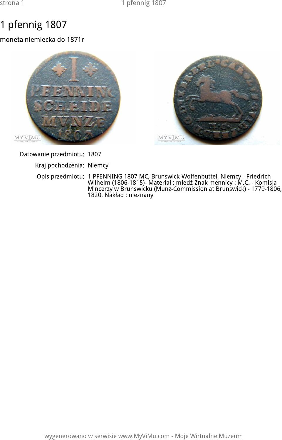 Wilhelm (1806-1815)- Materiał : miedź Znak mennicy : M.C.