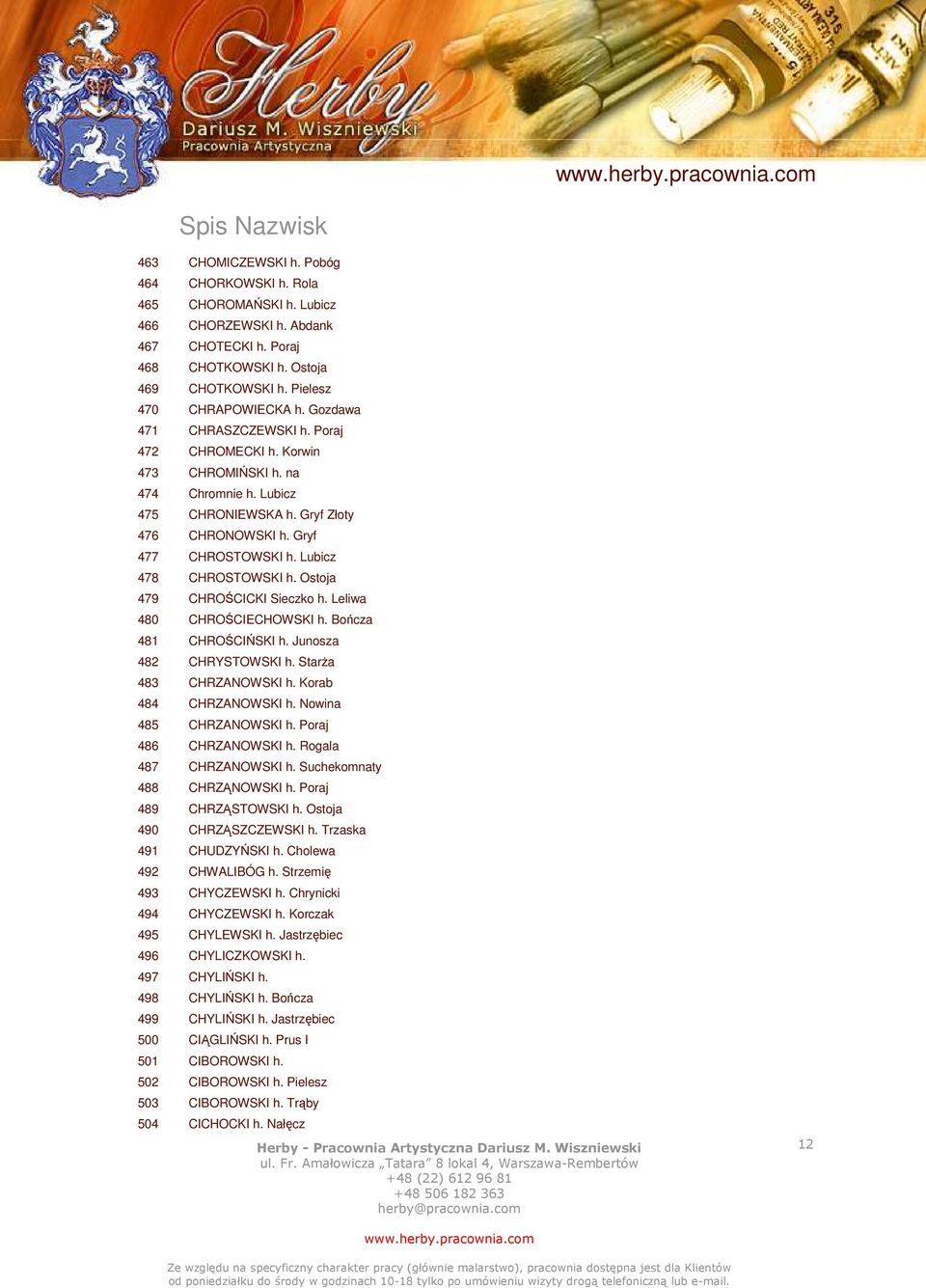 Ostoja 479 CHROŚCICKI Sieczko h. Leliwa 480 CHROŚCIECHOWSKI h. Bończa 481 CHROŚCIŃSKI h. Junosza 482 CHRYSTOWSKI h. Starża 483 CHRZANOWSKI h. Korab 484 CHRZANOWSKI h. Nowina 485 CHRZANOWSKI h.
