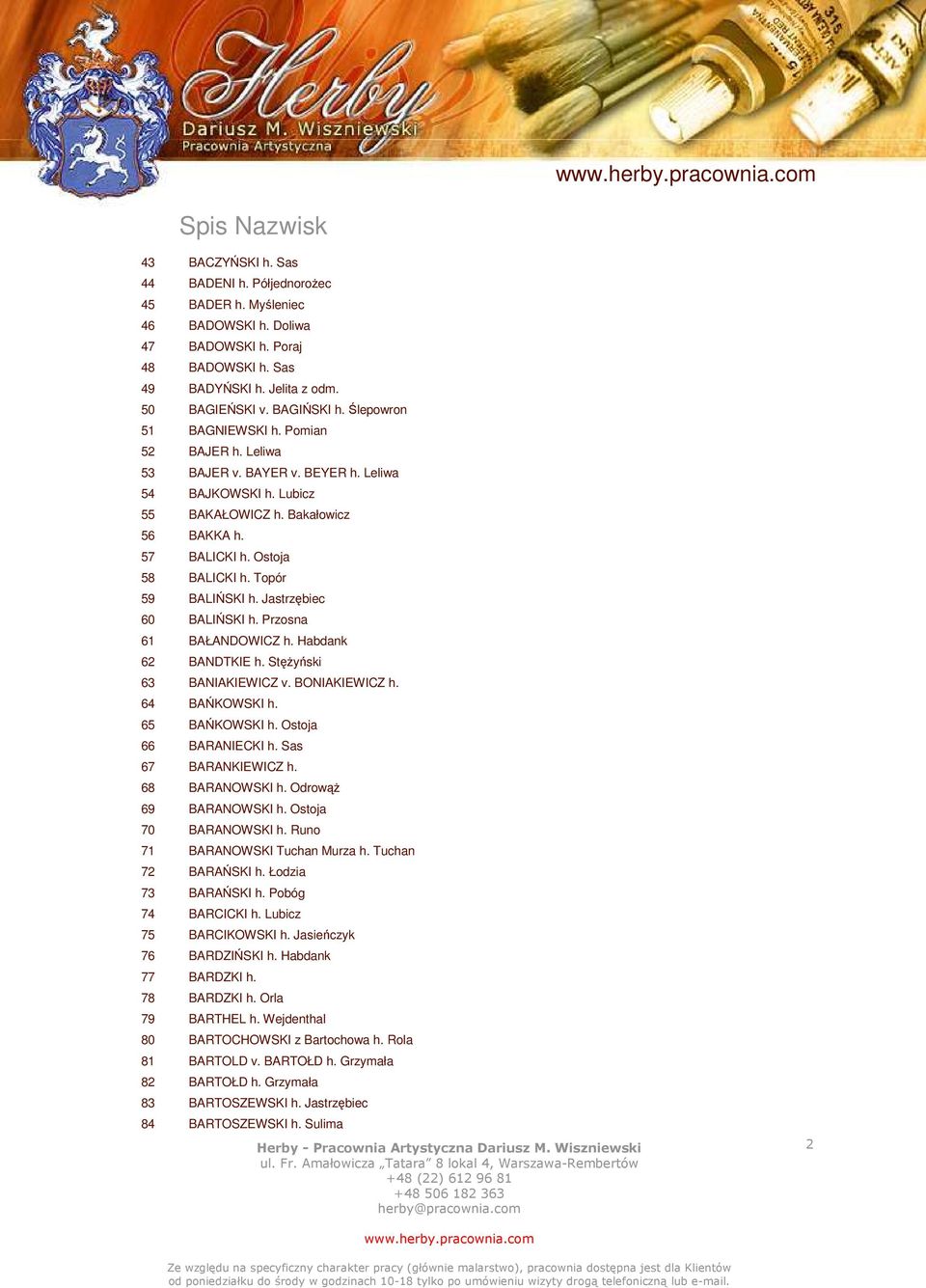 Topór 59 BALIŃSKI h. Jastrzębiec 60 BALIŃSKI h. Przosna 61 BAŁANDOWICZ h. Habdank 62 BANDTKIE h. Stężyński 63 BANIAKIEWICZ v. BONIAKIEWICZ h. 64 BAŃKOWSKI h. 65 BAŃKOWSKI h. Ostoja 66 BARANIECKI h.