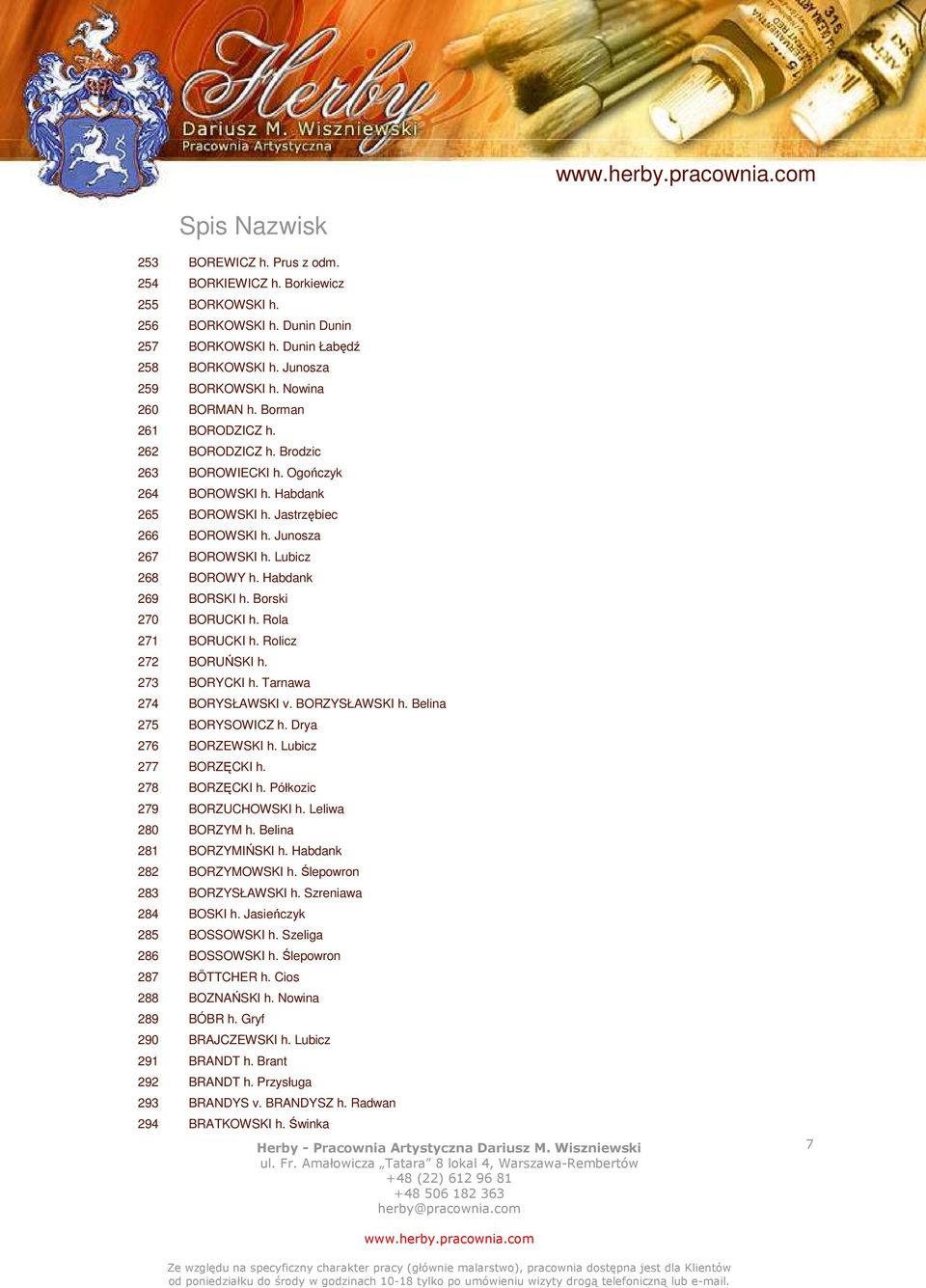 Habdank 269 BORSKI h. Borski 270 BORUCKI h. Rola 271 BORUCKI h. Rolicz 272 BORUŃSKI h. 273 BORYCKI h. Tarnawa 274 BORYSŁAWSKI v. BORZYSŁAWSKI h. Belina 275 BORYSOWICZ h. Drya 276 BORZEWSKI h.