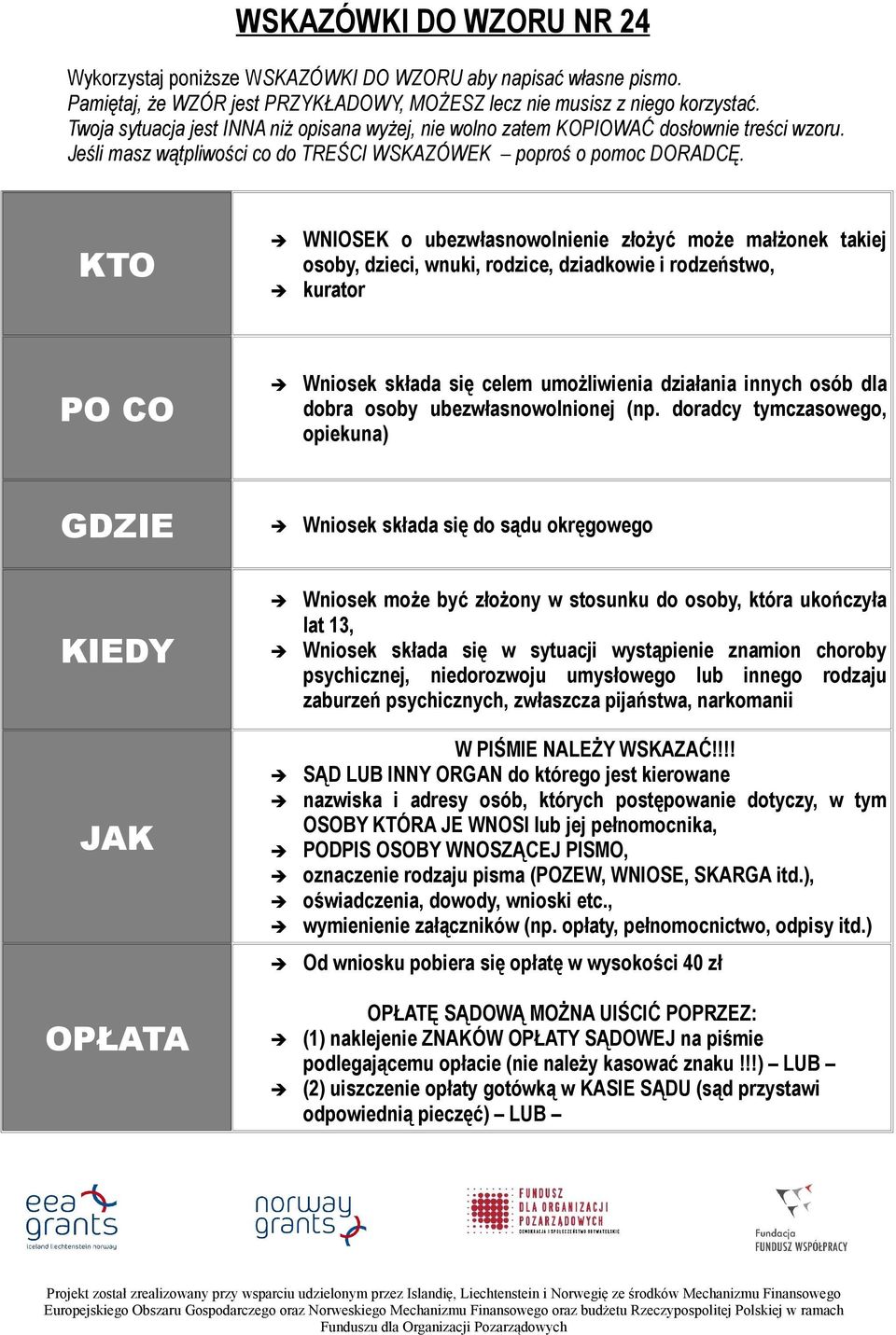 KTO WNIOSEK o ubezwłasnowolnienie złożyć może małżonek takiej osoby, dzieci, wnuki, rodzice, dziadkowie i rodzeństwo, kurator PO CO Wniosek składa się celem umożliwienia działania innych osób dla